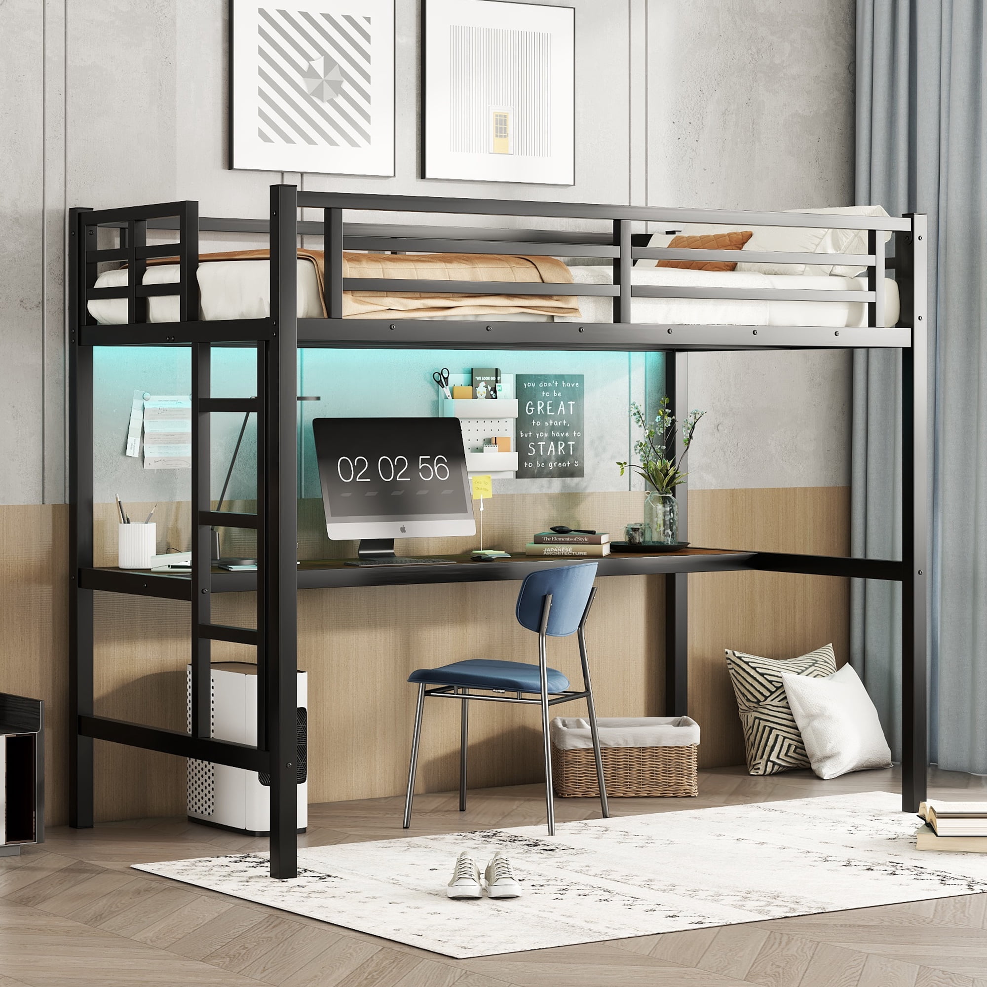 Leumius Twin XL Size Loft Bed,Metal Bed Frame with Power Outlet and LED Lighted,Space-Saving, Noise Reduced, Black