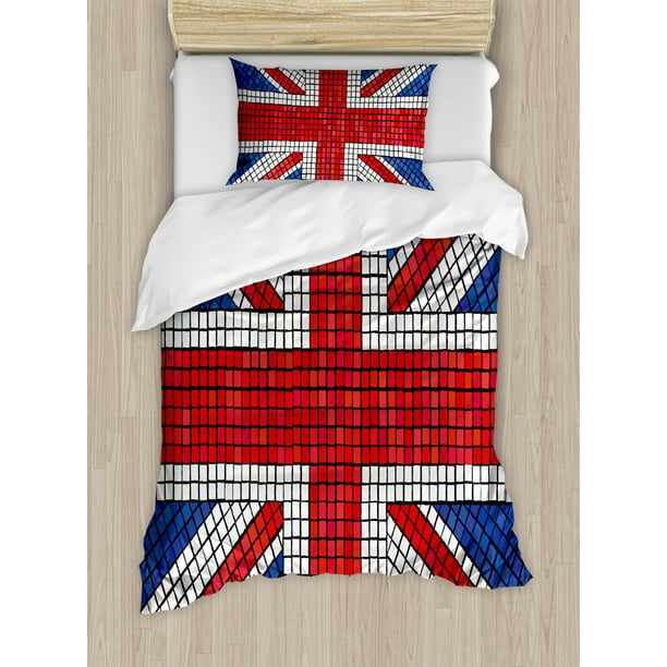 Union Jack Duvet Cover Set, Mosaic Tiles Inspired British Flag National Identity Culture