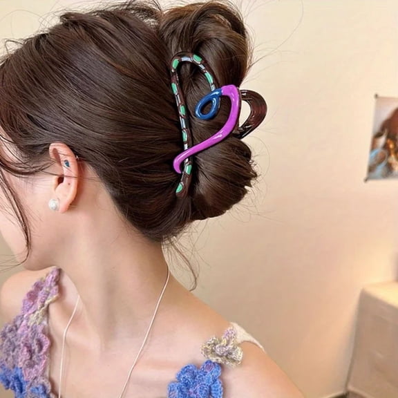 Heart-Shaped Hair Claw Clip for Women, Colorful Enamel Color-Block Shark Clamp, Large Non-Slip Jaw Clip for Thick Hair