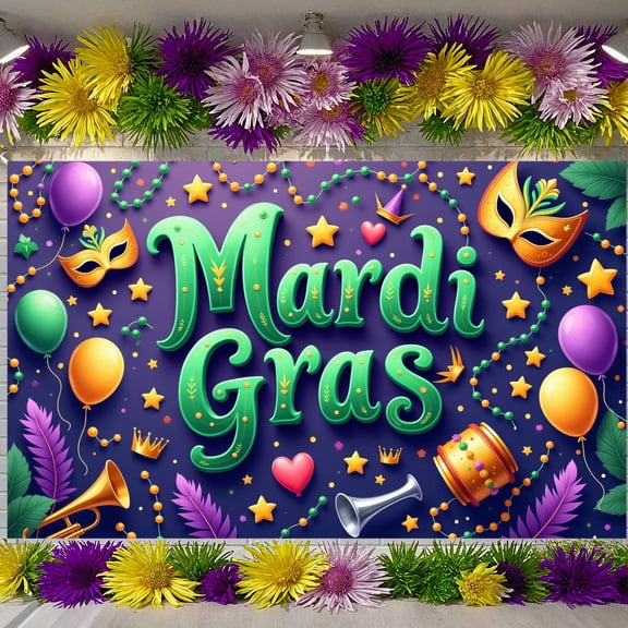 Colorful Design Mardi Gras Banner Masquerade Masks Carnival Display Festive Balloons Golden Stars Festive Backdrop for Carnival Party Festive Celebration Masquerade Event