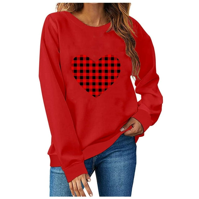 TIMIFIS Chandails en Molleton Rouges de la Saint-Valentin pour Femmes Col Rond Manches Longues Chandail Ample Tenues Décontractées Printemps Automne Chandails Cœur - Printemps/été