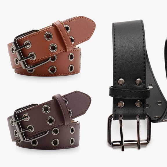 Yoyauz Women's Double Hole Belt, Women's Leather Belt, Casual Fashion Belt with Metal Buckle