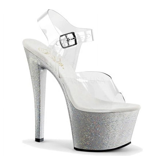 pleaser women's sky308mg/c/s platform dress sandal, clear/silver glitter, 6 m us