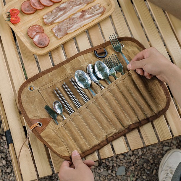 Xihbxyly Ofertas Del Día de Hoy Bolsa de Almacenamiento de Cubiertos Al Aire Libre, Adecuada para Acampar Al Aire Libre, Juego de Almacenamiento de Lona, Bolsa de Almacenamiento Portátil En Rollo de