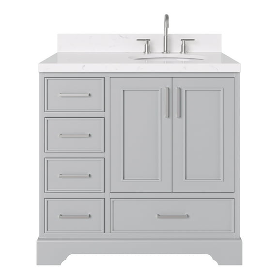 Ariel Stafford 36 Inch Single Right Offset Oval Sink Bathroom Vanity With Carrara White Quartz Countertop 1.5 Edge In Grey