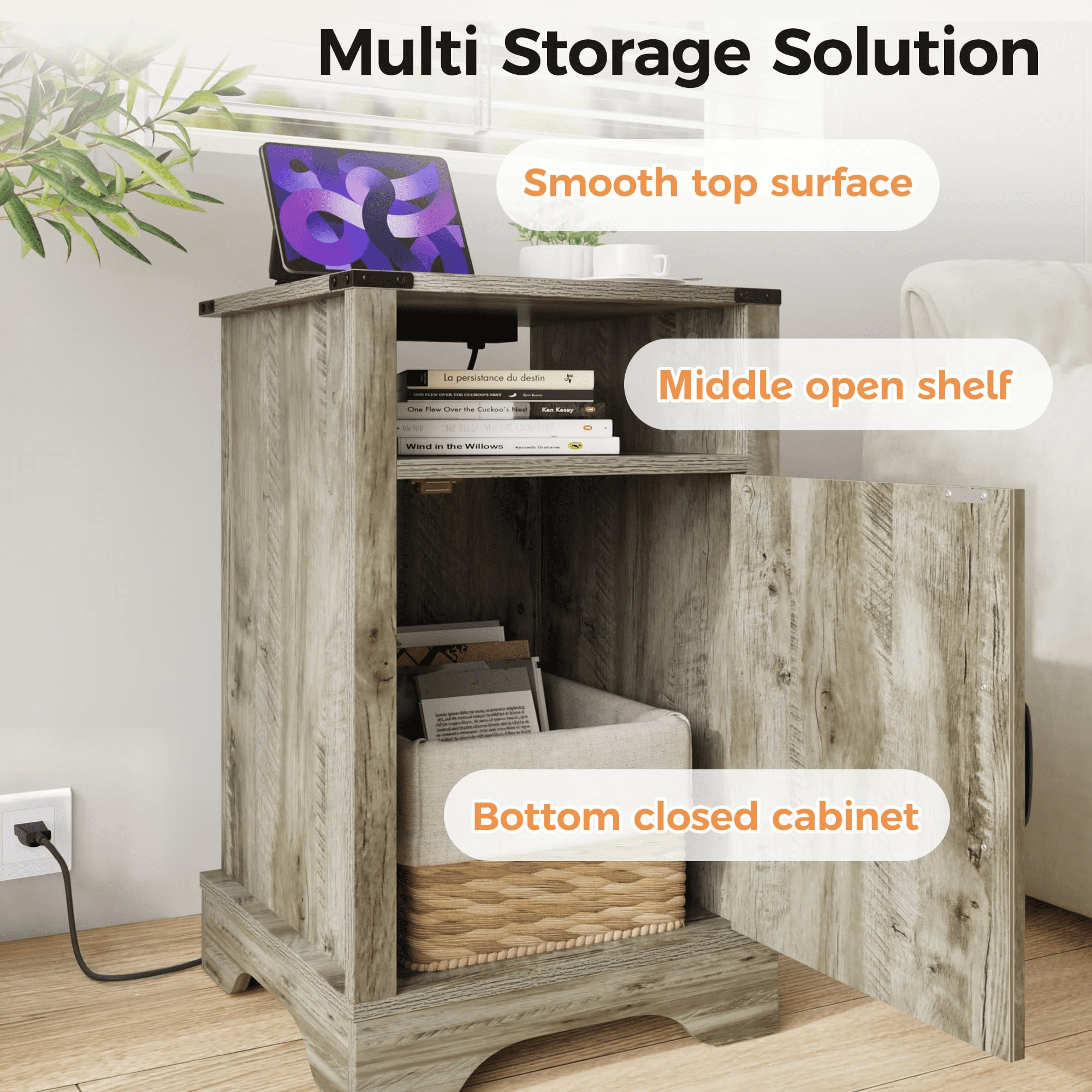 Farmhouse Wooden End Table with UL Certified Charging Station, 16"D×16"W×25"H Rustic Nightstand with Storage Cabinet & Open Shelf for Bedroom Living Room Office