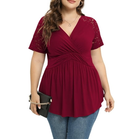 Daystry Plus Size Tunic Tops For Women Lace V-Neck Empire Waist Women Top Babydoll Blouse Wine Red-3X