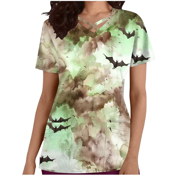 Tops Cortos para las Mujeres, Halloween Impreso en Cuello en V con Bolsillo, Moda Casual Manga Corta