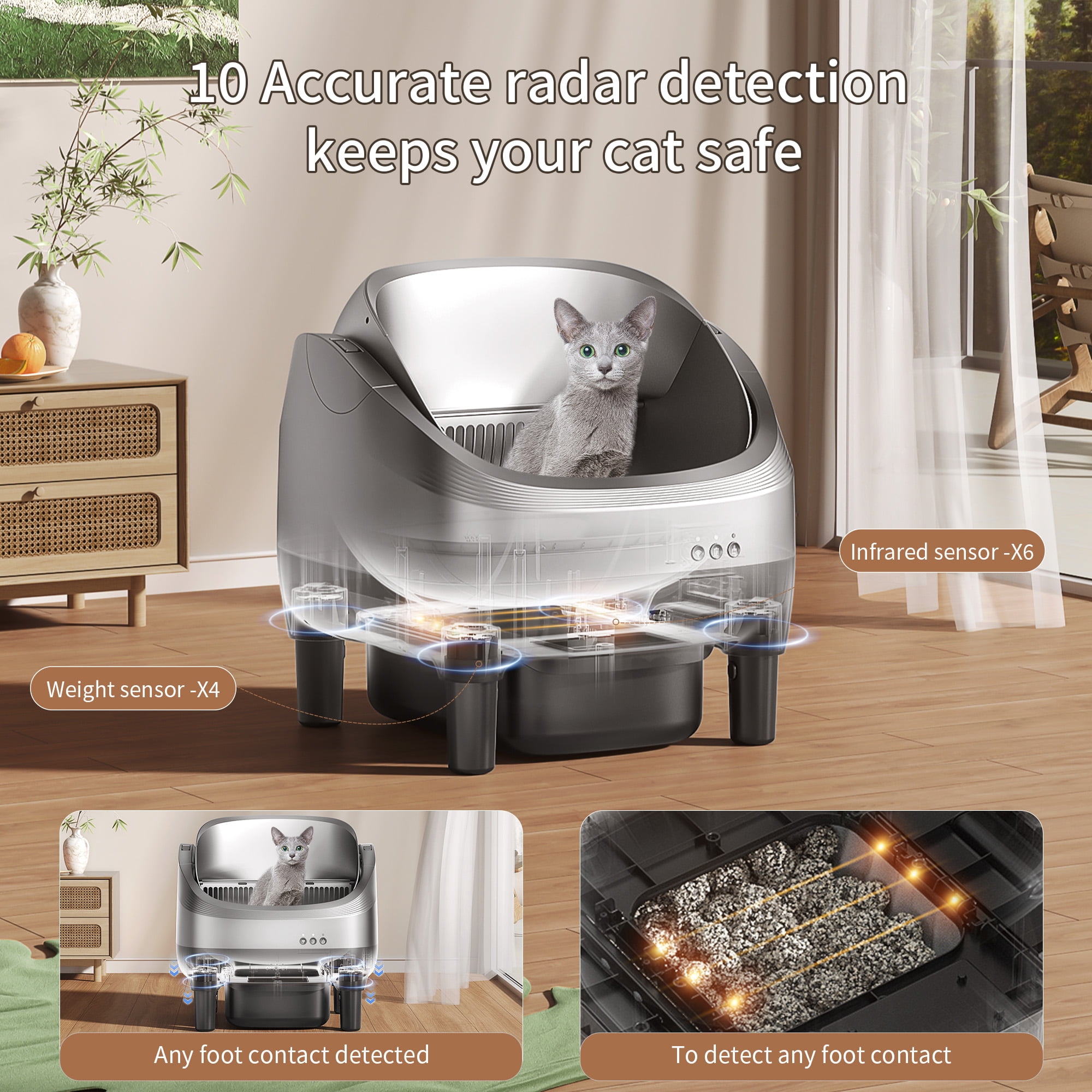 OUDOSPRS Automatic Cat Litter Box Self Cleaning, Smart Litter Box for Multiple Cats with 10 Safety Sensor Radars, 100L Electric Cat Box with APP-Control, Odor Control, Quiet Operation, Gray