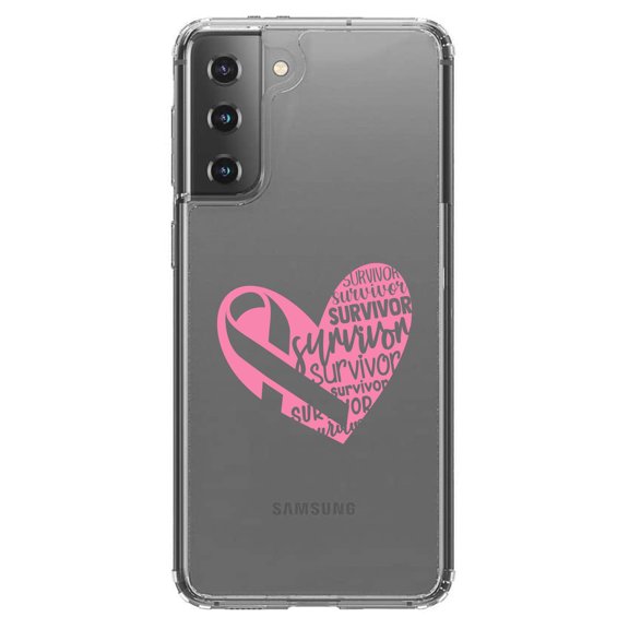 DistinctInk Clear Shockproof Hybrid Case for Galaxy S21 5G (6.2" Screen) - TPU Bumper Acrylic Back Tempered Glass Screen Protector - Pink Ribbon Cancer - Survivor Heart