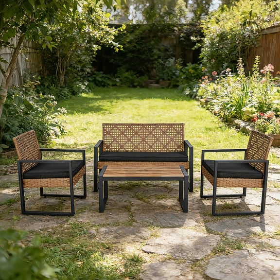 Patio Furniture Set, Outdoor Furniture, 4-Piece Conversation Set with Acacia Wood Table, PE Rattan Wicker Chairs and Waterproof Cushions, Light Brown