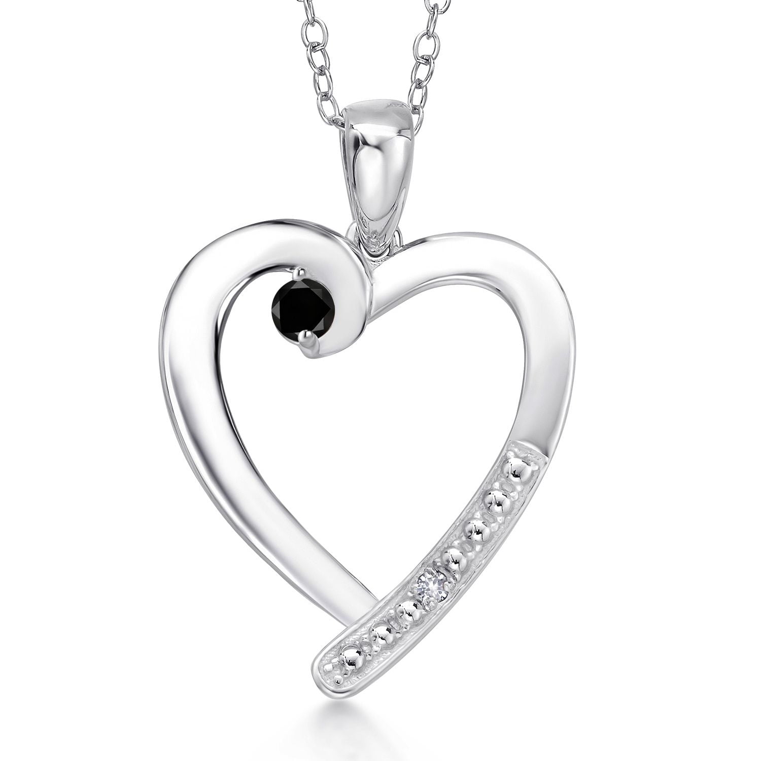 Gem Stone King 925 Sterling Silver Black Diamond and White Created Sapphire Heart Pendant Necklace for Women | 0.19 Cttw | Gemstone April Birthstone | Round 3.5MM | With 18 inch Chain