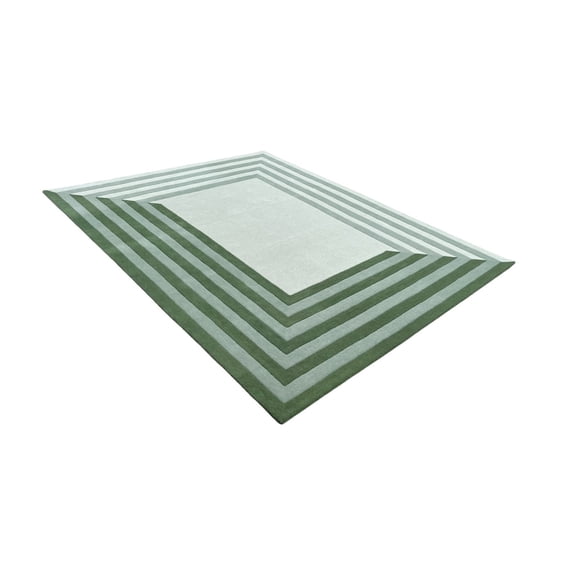 Artcore Geometric Hand Tufted Green Wool Area Rug, Striped Bordered Design with Cotton Backing, Indoor Rug for Living Room & Bedroom, 5 x 8 ft