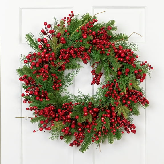Cedar Pine and Red Berries Artificial Christmas Wreath - 28" - Unlit
