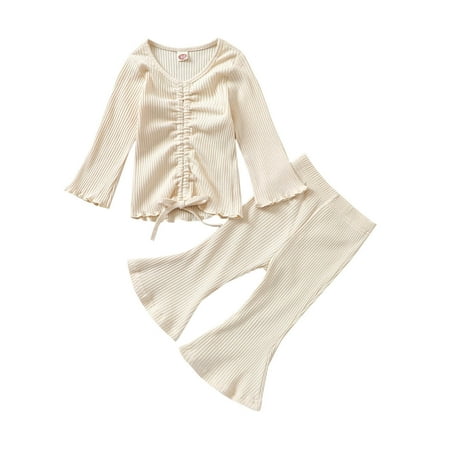 

Dadaria Toddler Fall Outfits 18Months-6Years Toddler Girl s Baby Multicolor Striped Long-sleeved Top + Bell Bottom Trousers Beige 90 Toddler
