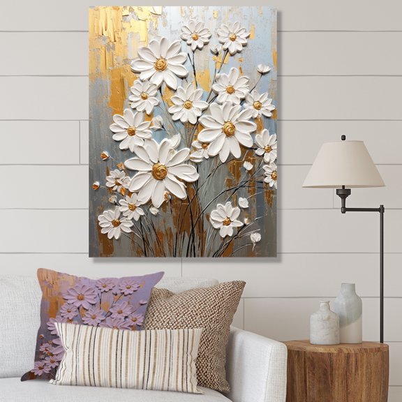 Designart "Elegance In White And Gold Daisy Blooms" Daisies Wall Art Living Room