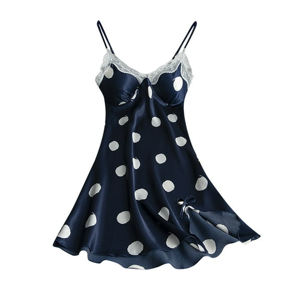 Puntoco Plus Size Nightdress Clearance,Women Polka Dot Printing Satin Sling Skirt Dress Lingerie Home Wear Pajamas Nightdress Navy 8(L)