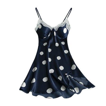 

QIPOPIQ Dresses for Women Clearance Polka Dot Printing Satin Sling Skirt Dress Sexy Lingerie Home Wear Pajamas Nightdress