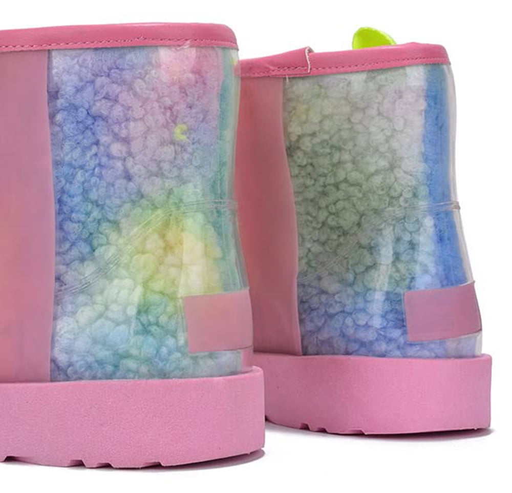 Cape Robbin Women Ankle Snow Rain Boots Flat Platform Warm Fur Clear Leather Lug Sole Waterproof Booties Slip On Round Toe BAYBERRY Multi Colored Rainbow Pinkish Colorful 10