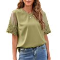 thumbnail image 1 of Camisa de manga corta para mujer, cuello redondo, manga corta de malla de encaje, Color puro, camisa holgada informal para mujer, Top para verano diario, verde L, 1 of 6