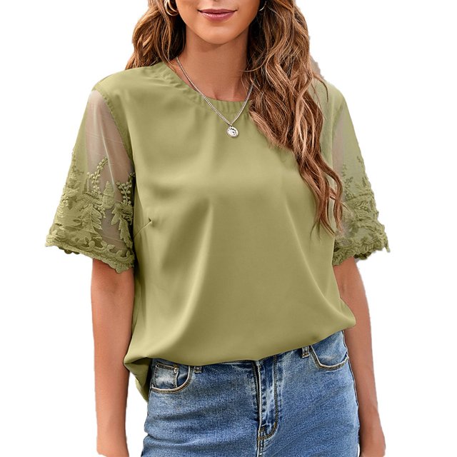 Camisa de manga corta para mujer, cuello redondo, manga corta de malla de encaje, Color puro, camisa holgada informal para mujer, Top para verano diario, verde L
