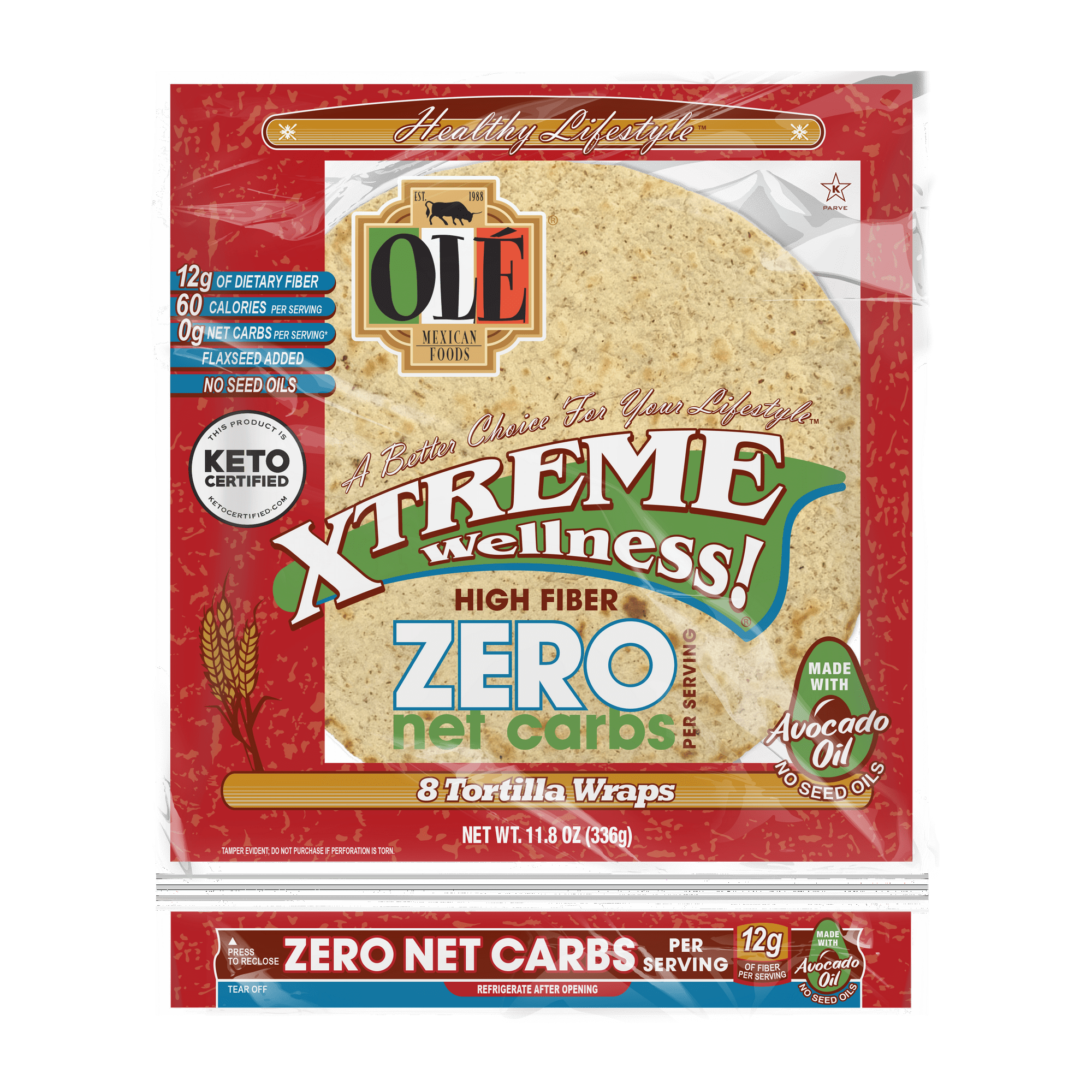 Olé Mexican Foods Xtreme Wellness High Fiber Zero Net Carb Soft Taco Flour Tortilla Wraps, 11.8 oz, 8 Count