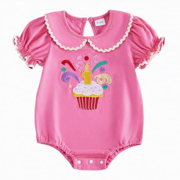 CAICJ98 Baby Girl First Birthday Outfit One Cake Embroidery Bubble Sleeve Romper Jumpsuit Infant Newborn Summer Cake Smash Clothes (Hot Pink,6-12 Months)