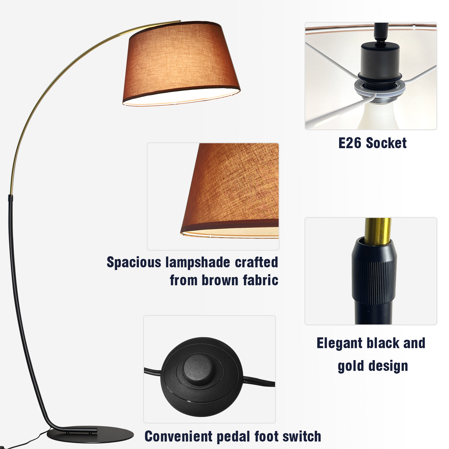 Arc Floor Lamps for Living Room 74 inch Tall Gold & Black Pole with 15W Dimmable RGB Bulb