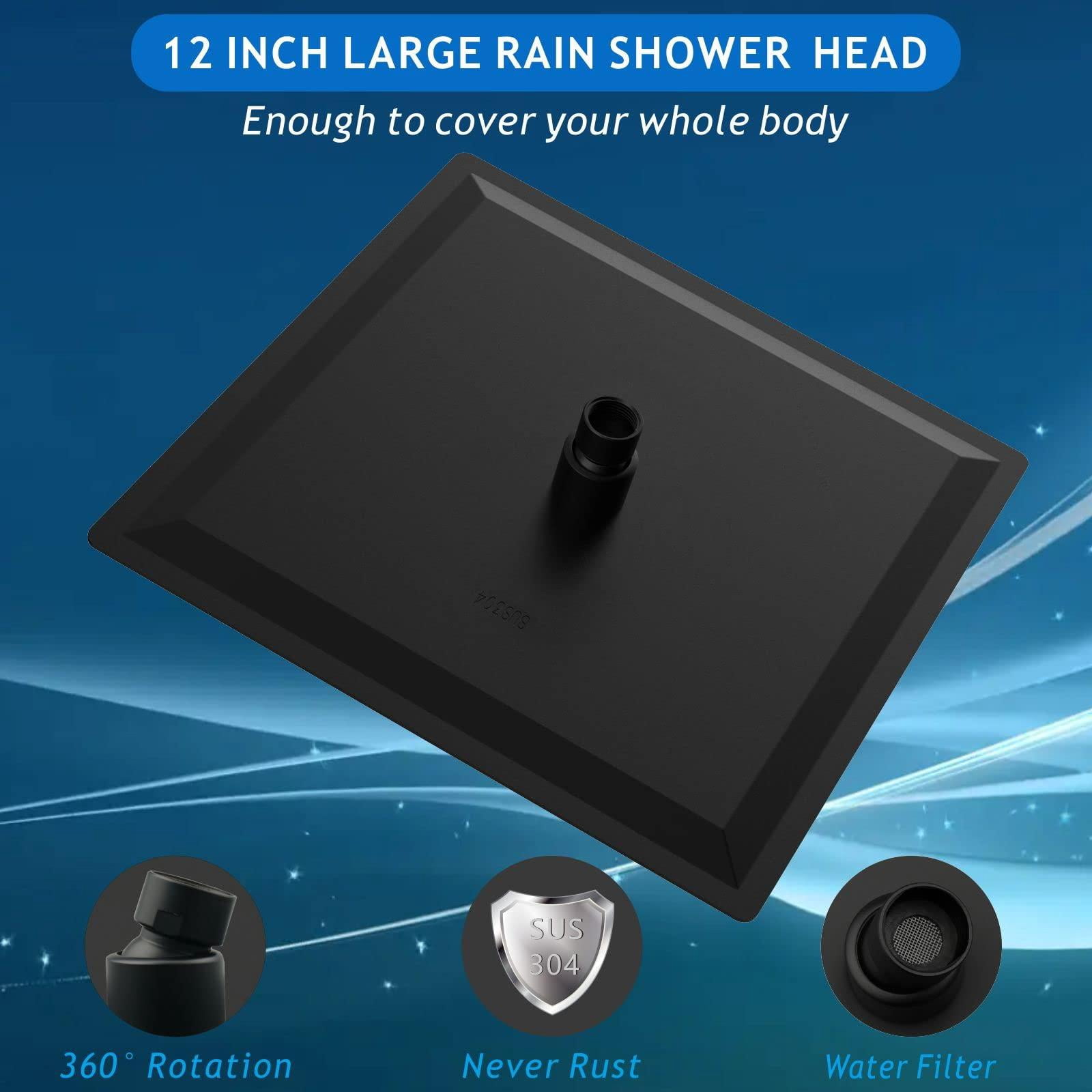 Rain Shower Head - High Flow Large Rainfall Heads Made Of Stainless Steel Waterfall Bathroom Square Showerhead Ceiling Or Wall Mount (12" Black)
