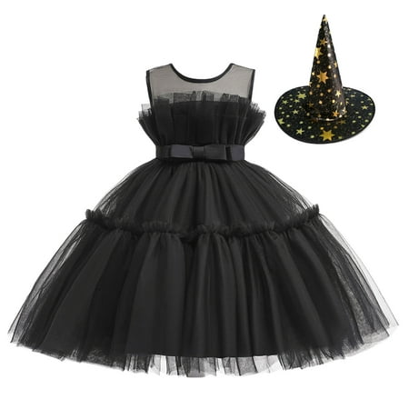 

GWAABD Girl Summer Dress Black Cotton Blend Kids Girls Pageant Dress Party Child Gown Princess Tulle Dress Hat Set 100