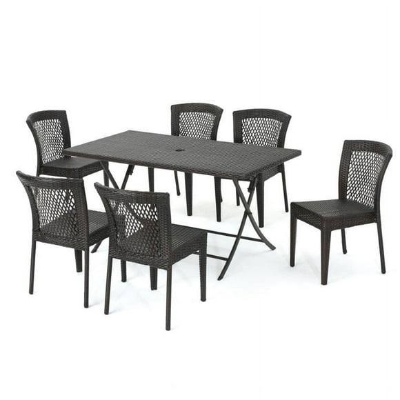 Noble House Pilar 7 Piece Outdoor Wicker Dining Set in Multibrown