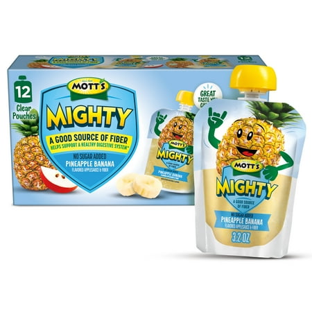 Mott's Mighty No Sugar Added Pineapple Banana Applesauce, 3.2 oz, 12 Count Clear Pouches