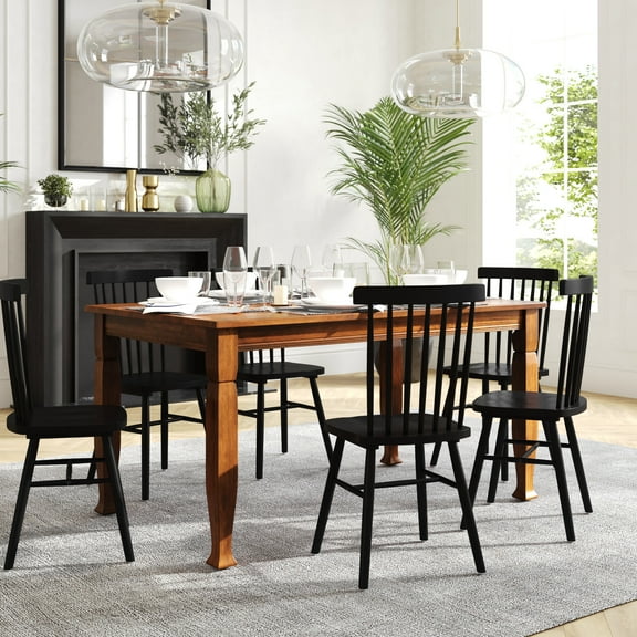 BizChair 60" Solid Wood Dining Table with Turned Wooden Legs, Commercial Grade Heavy Duty Rectangle Wood Table for 6, Walnut Matte Finish