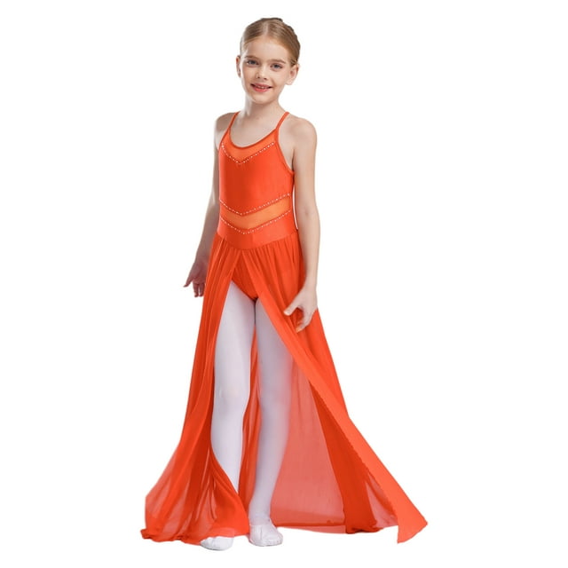 Oyolan Robe de Danse Lyrique Sans Manches pour Filles, Camisole Brillante, Robe de Danse Contemporaine, Justaucorps à Jupe Longue en Mousseline, Orange, 14