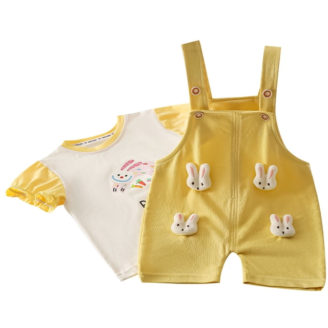 Odeerbi 0-5 Años Niñas Conjuntos Conejo Peto Pantalón Corto Con Camiseta de Manga Corta de Algodón Conjunto Verano Strap Romper Jumpsuit Playsuit