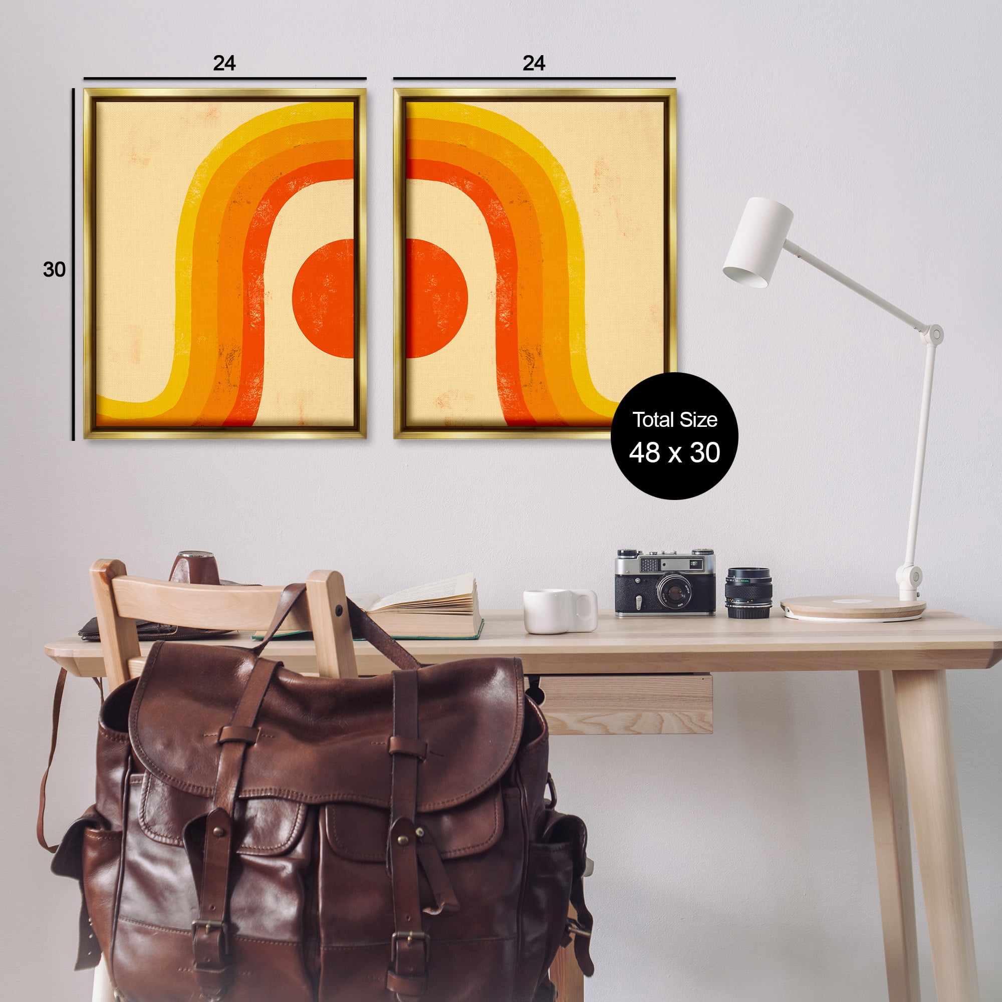 Stupell Industries Sun Setting Under Warm Tone Rainbow Abstract Painting Gold Floater Framed Canvas Art Print Wall Art, 25 x 31, Set of 2