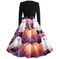 thumbnail image 5 of Halloween Dresses for Women Witch Hat 1950s Crew Neck Novelty Swing Dress Skeleton Printed Long Sleeve Fashion Tea Length Dress with Belt L, 5 of 5