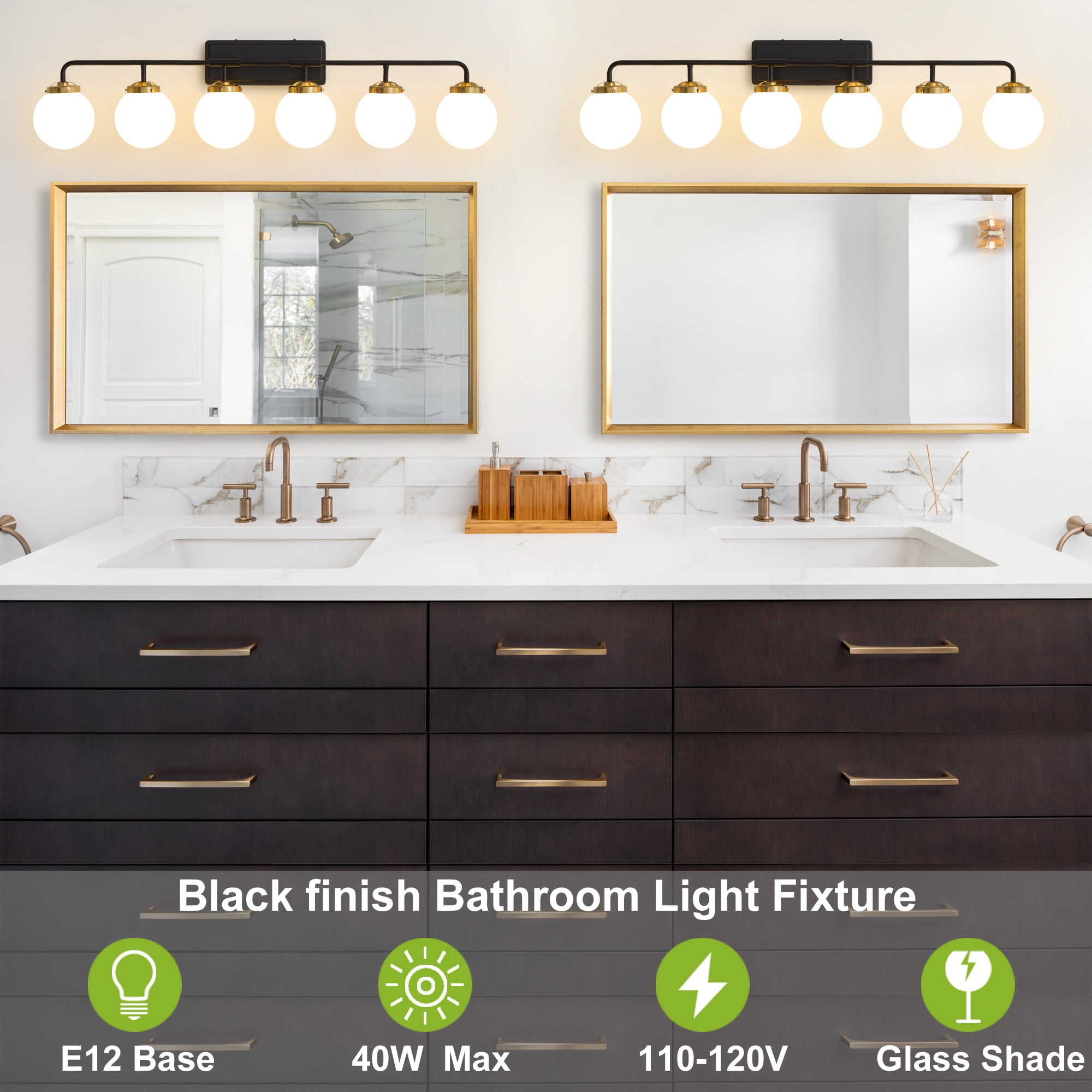 Deyidn 6-Light Modern Vanity Light, Black and Gold Bathroom Light Fixture with Milk White Glass Globes, 45 Inch Bathroom Wall Sconce for Mirror