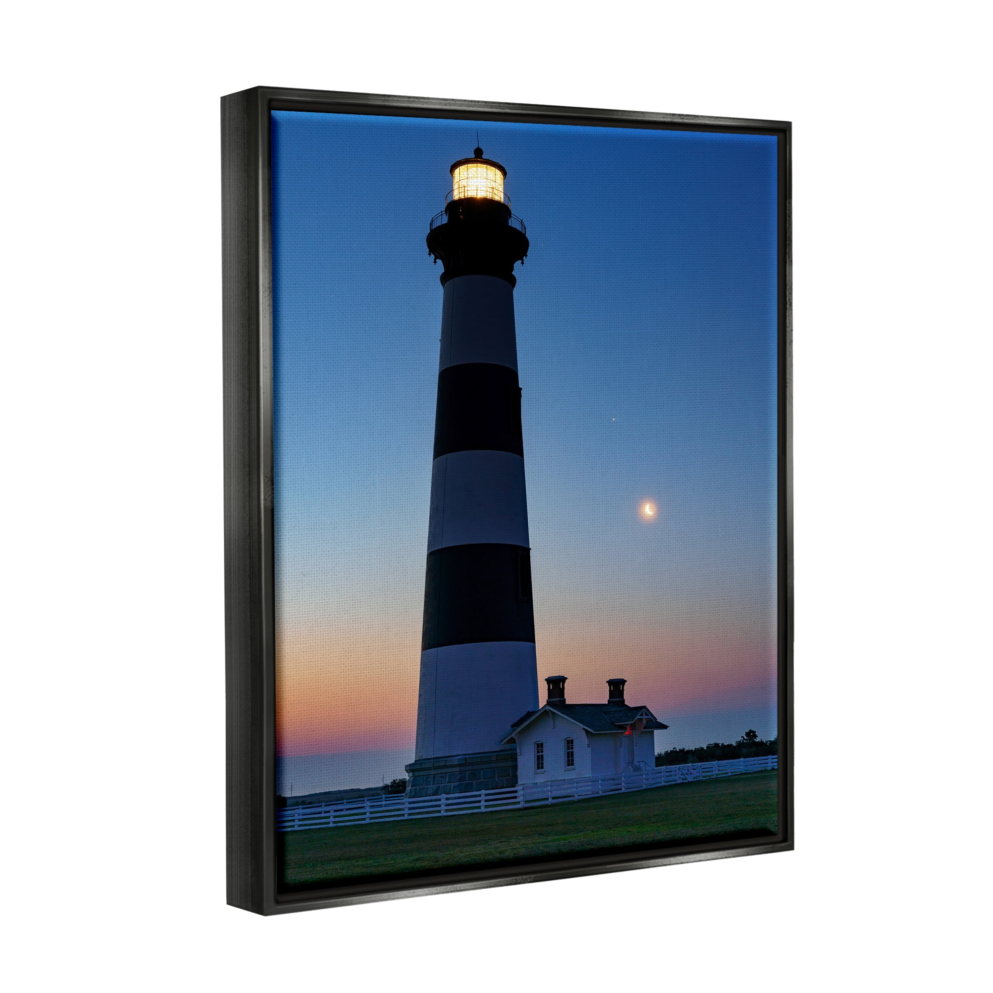 Stupell Blue Moonlit Lighthouse Coast Landscape Photography Black Floater Framed Art Print Wall Art