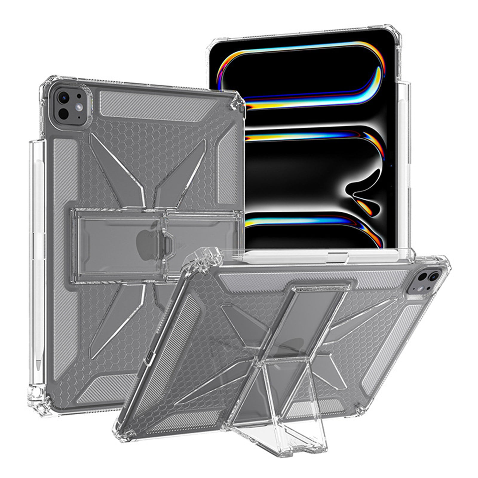ELEHOLD Protective Case For Apple iPad Pro 11-inch (M5) 2025/(M4) 2024 ,Shockproof Slim Soft TPU Pencil Holder Foldable Kickstand Anit-Resistant Cover,Clear