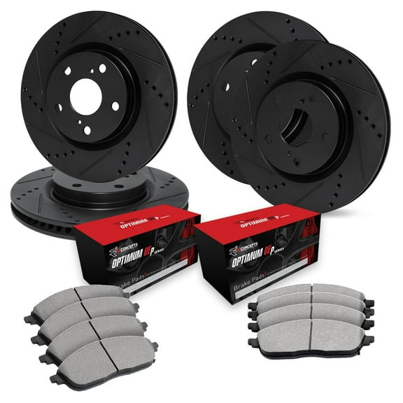 R1 Concepts Drilled and Slotted Black Disc Brake Rotor Set with Optimum Oe Pads WHUN2-13008