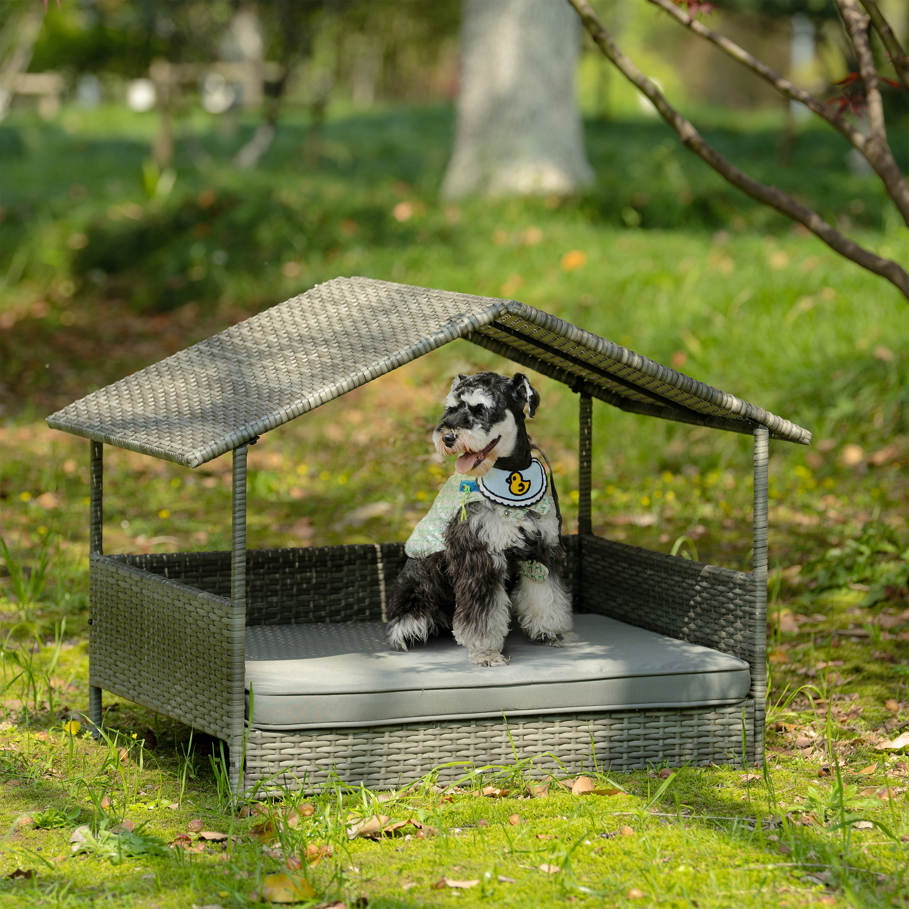 ZephyPaws 38.5" Dog Bed with Canopy, PE Wicker Patio Pet Bed, Elevated Indoor/Outdoor Lounger with 2" Cushion, UV-Resistant, Powder-Coated Metal Frame, Zippered Washable Cover, Dark Gray