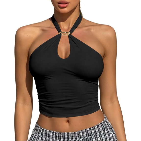 SNKSDGM Women Metal Buckle Crop Tank Top, Cutout Front Ruched Side Hot Girl Style Sling for Inner & Outer Wear Black S