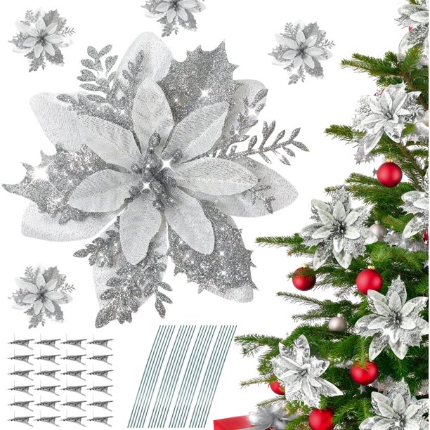 24 piezas de flores artificiales de Pascua de plata, cabezas de flores de 14 cm, decoraciones para árboles de Navidad, decoraciones navideñas de Pascua para decoración de fiestas