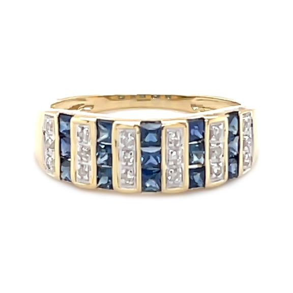14Kt Yellow Gold Blue Sapphire, Diamond Band Ring