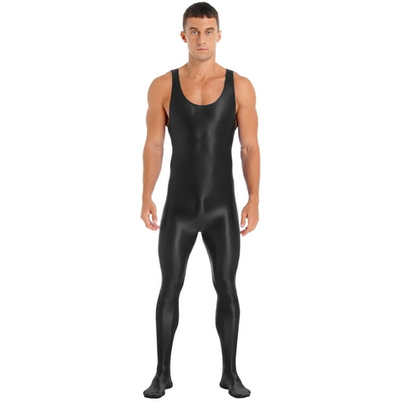 YEAHDOR Mens Glossy Full Body Unitard Sleeveless Gym Sports Wrestling Singlet One Piece Bodystocking Bodysuit Jumpsuit Black M