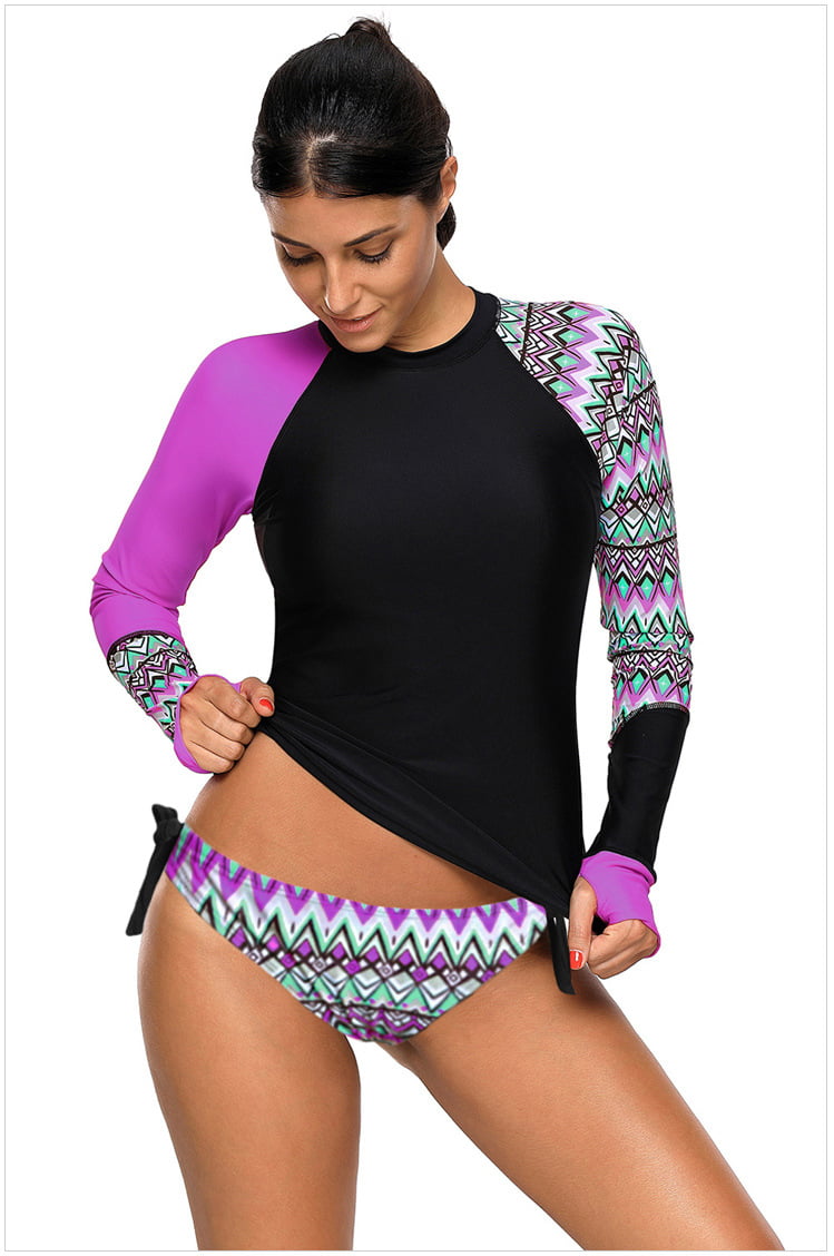 Bsubseach Womens Long Sleeve Rashguard Print Tankini Swimsuit with Brief S-XXXL