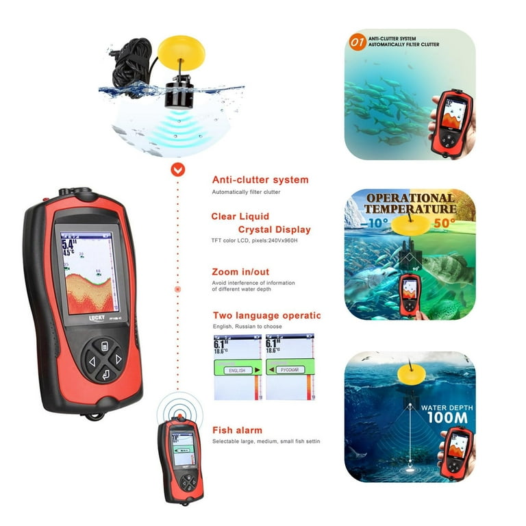 LUCKY Portable Fish Finder Transducer Sonar Sensor 147 Feet Water Depth  Finder LCD Screen Echo Sounder Fishfinder for Ice Fishing Sea Fishing