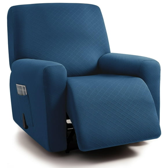 ULTICOR Squared Jacquard Design, 4-Piece, 1 Seat Recliner Cover, Reclining Chair Covers for 1 Cushion Reclining Sofa, Single Seat Recliner Couch Cover, Thick, Soft, Washable (Recliner Cover, Navy)