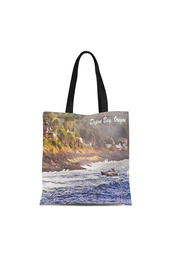 Canvas Tote Bag Boat Depoe Bay Oregon Ship Ocean Sea Water Coast Reusable Handbag Shoulder Grocery Shopping Bags